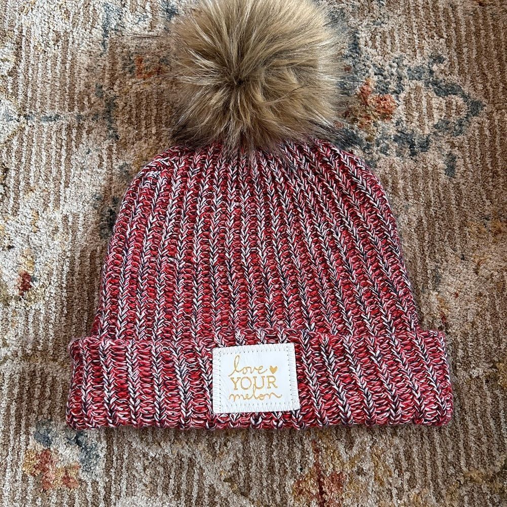 Love Your Melon Red and White Knit Beanie with Pom